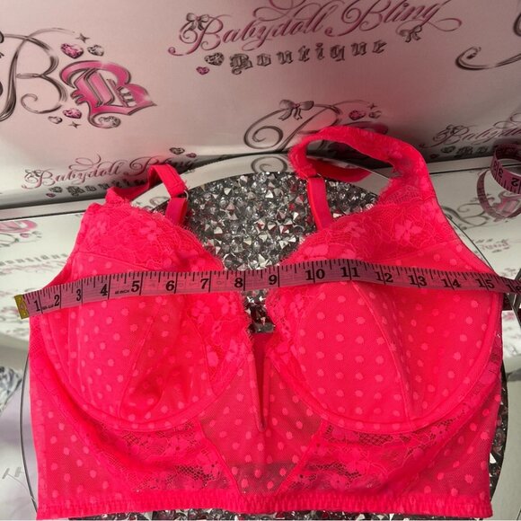 Victoria secret crop tank bra bralette lace neon pink v opening front dotted - Picture 6 of 9